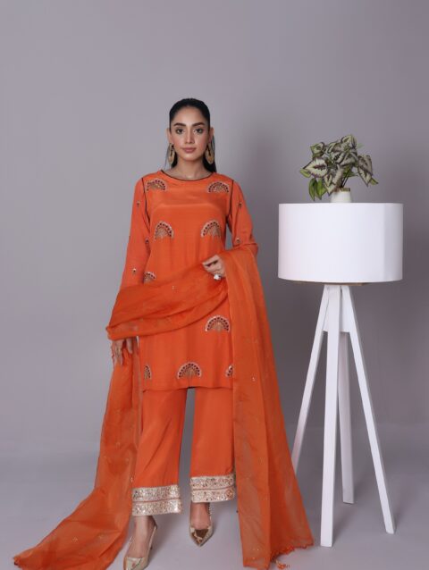 Hoorain Burnt Orange Korean Raw Silk 3-Piece Set