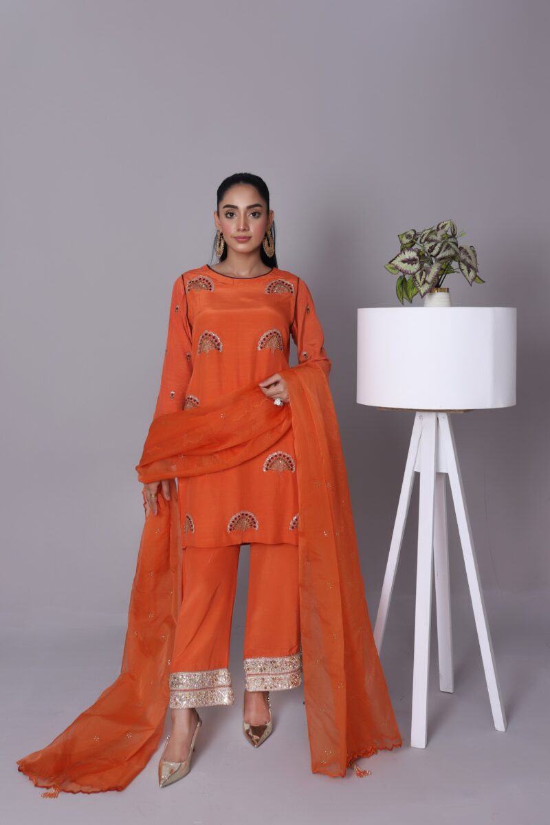 Hoorain Burnt Orange Korean Raw Silk 3-Piece Set