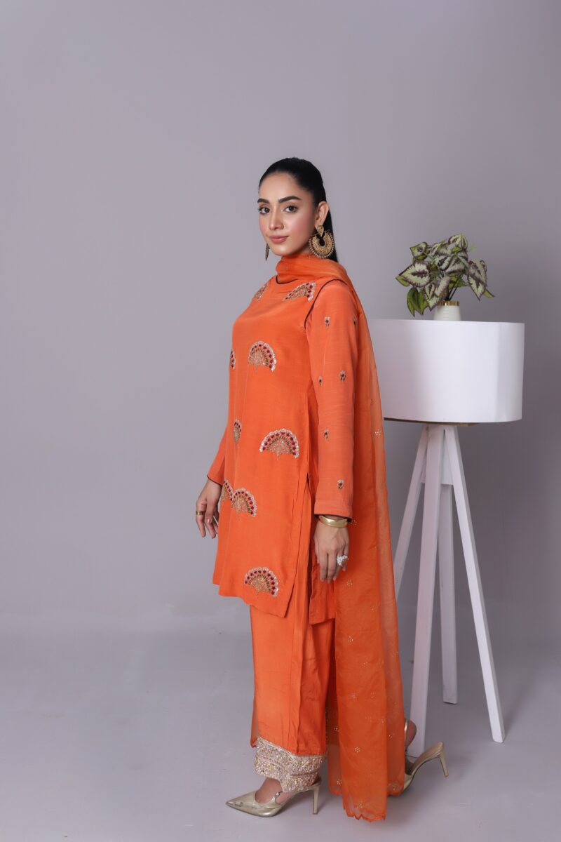 Hoorain Burnt Orange Korean Raw Silk 3-Piece Set - Image 2