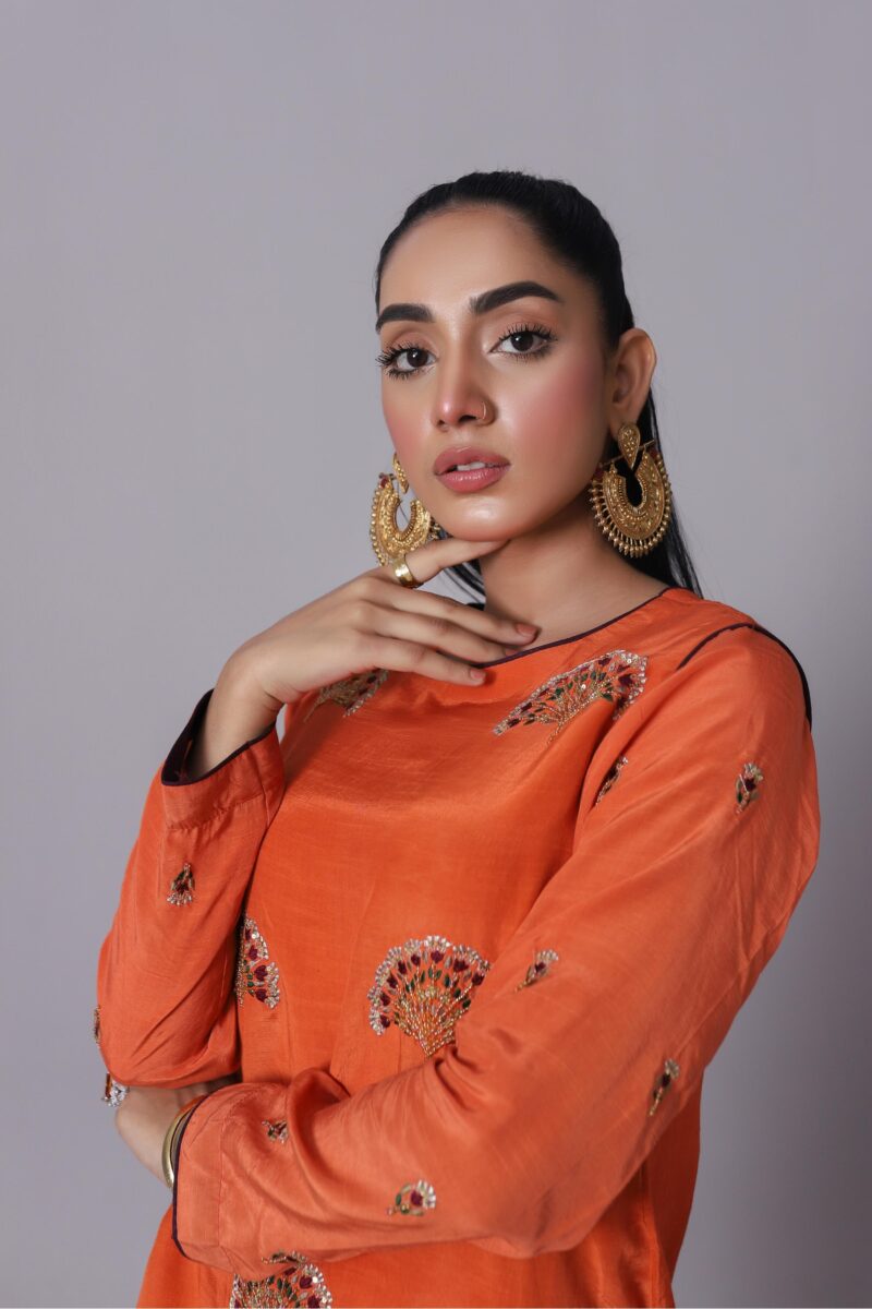 Hoorain Burnt Orange Korean Raw Silk 3-Piece Set - Image 3