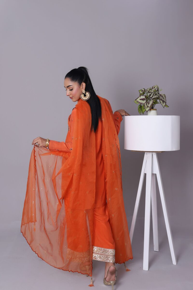 Hoorain Burnt Orange Korean Raw Silk 3-Piece Set - Image 4