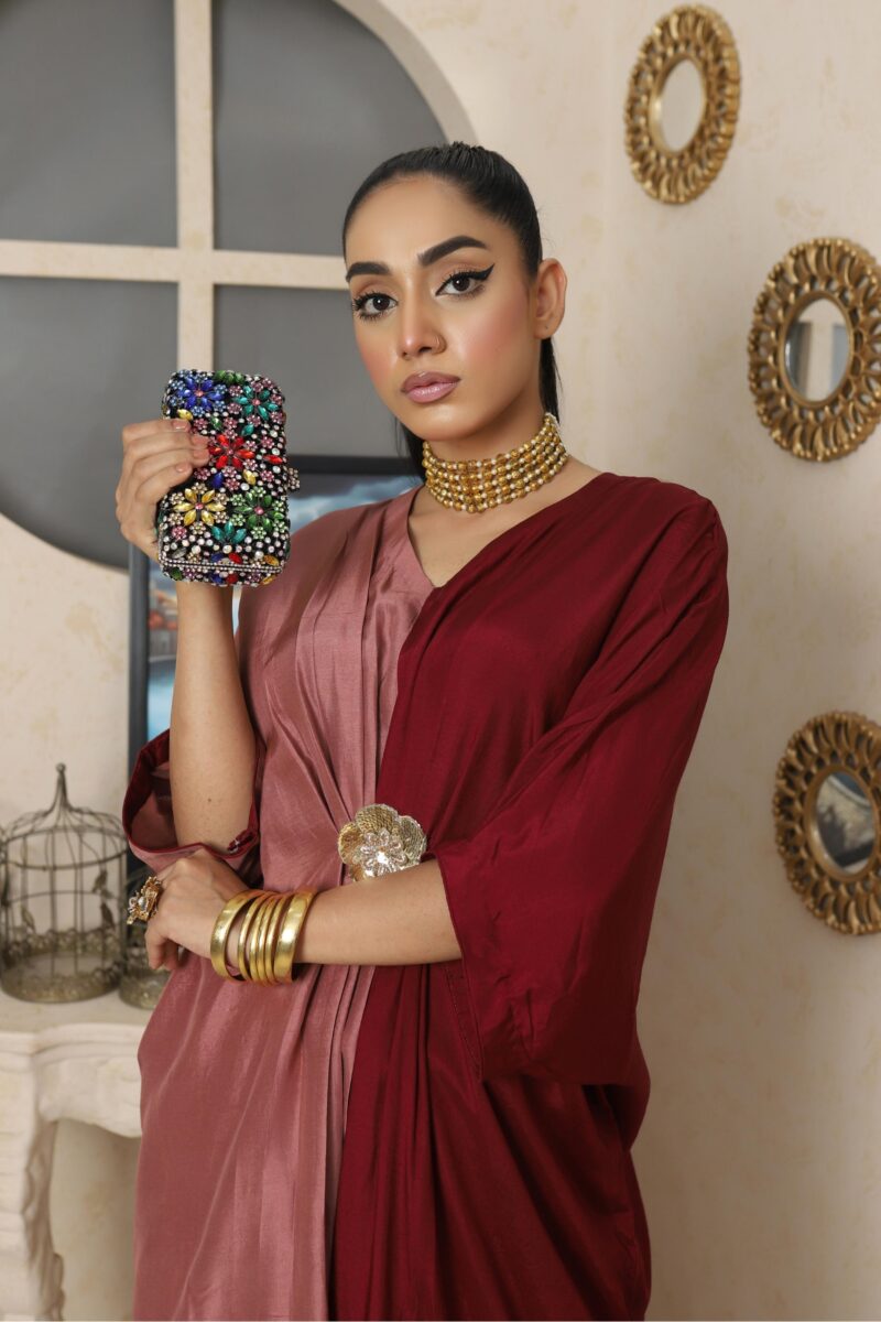 Suhana Pure Raw Silk Color Block Kaftan - Image 4