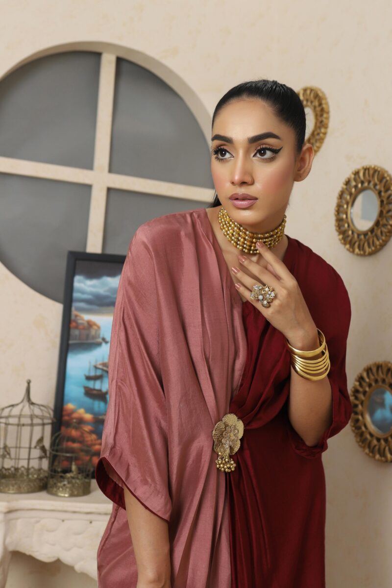 Suhana Pure Raw Silk Color Block Kaftan - Image 2